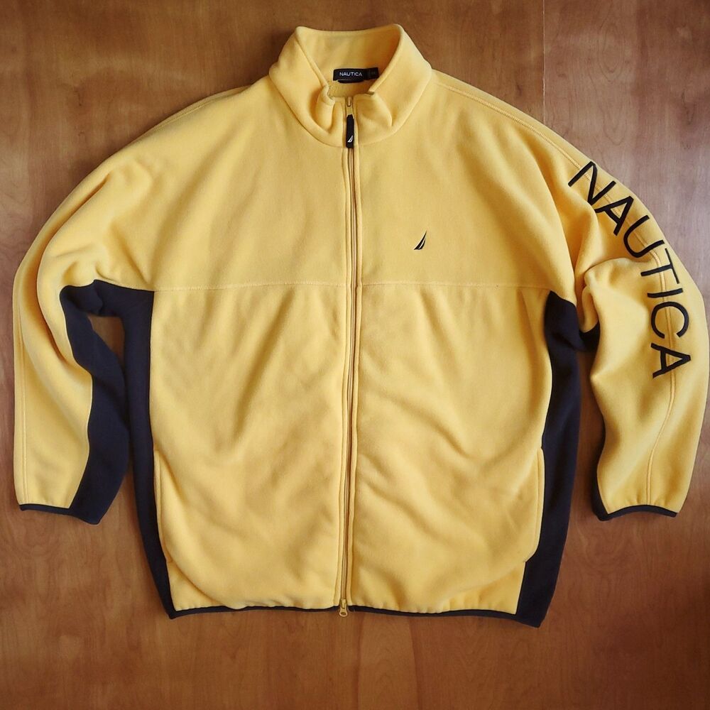 Nautica Fleece Jacket Men XXL Yellow Black Colorblock Full Zip Spellout Logo 2XL